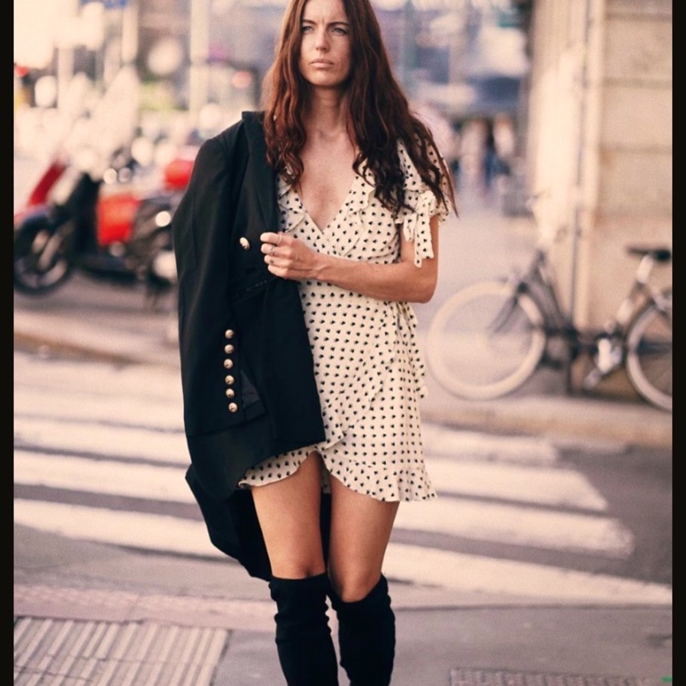 For Love and Lemons SWEETHEART Ruffled Detail HEART PRINT Wrap Mini Dress Cream